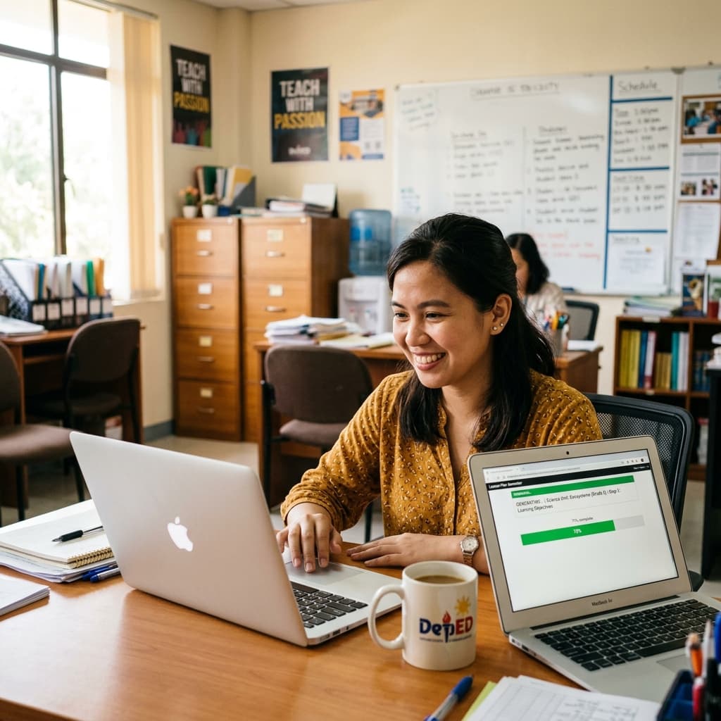 Filipino teacher using LessonPlan PH on a laptop